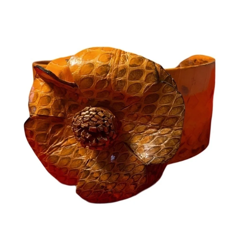 Python Snakeskin Floral Statement‎ Cuff Bracelet Amber Wide Exotic Statement